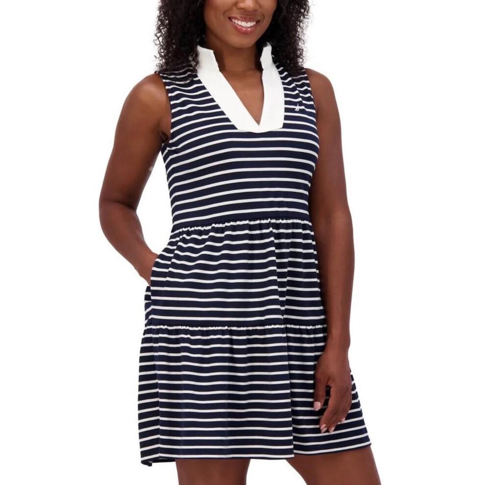 Nautica Jeans Women S Navy White Striped Tiered Polo Dress Sleeveless Pockets